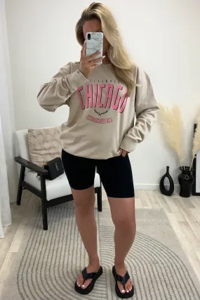 Arabella Beige Chicago Slogan Oversized Sweatshirt