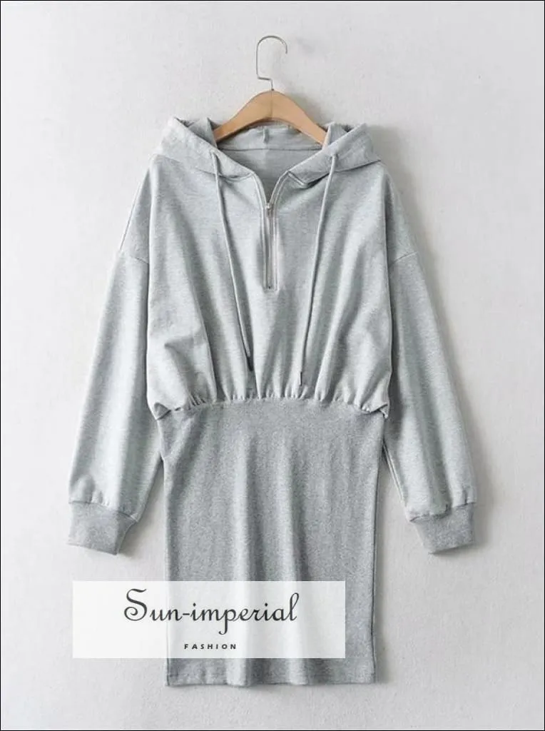 Black Half Zip front Mini Hoodie Sweat Dress Drop Shoulder Hooded Sweat Sporty Mini Dress