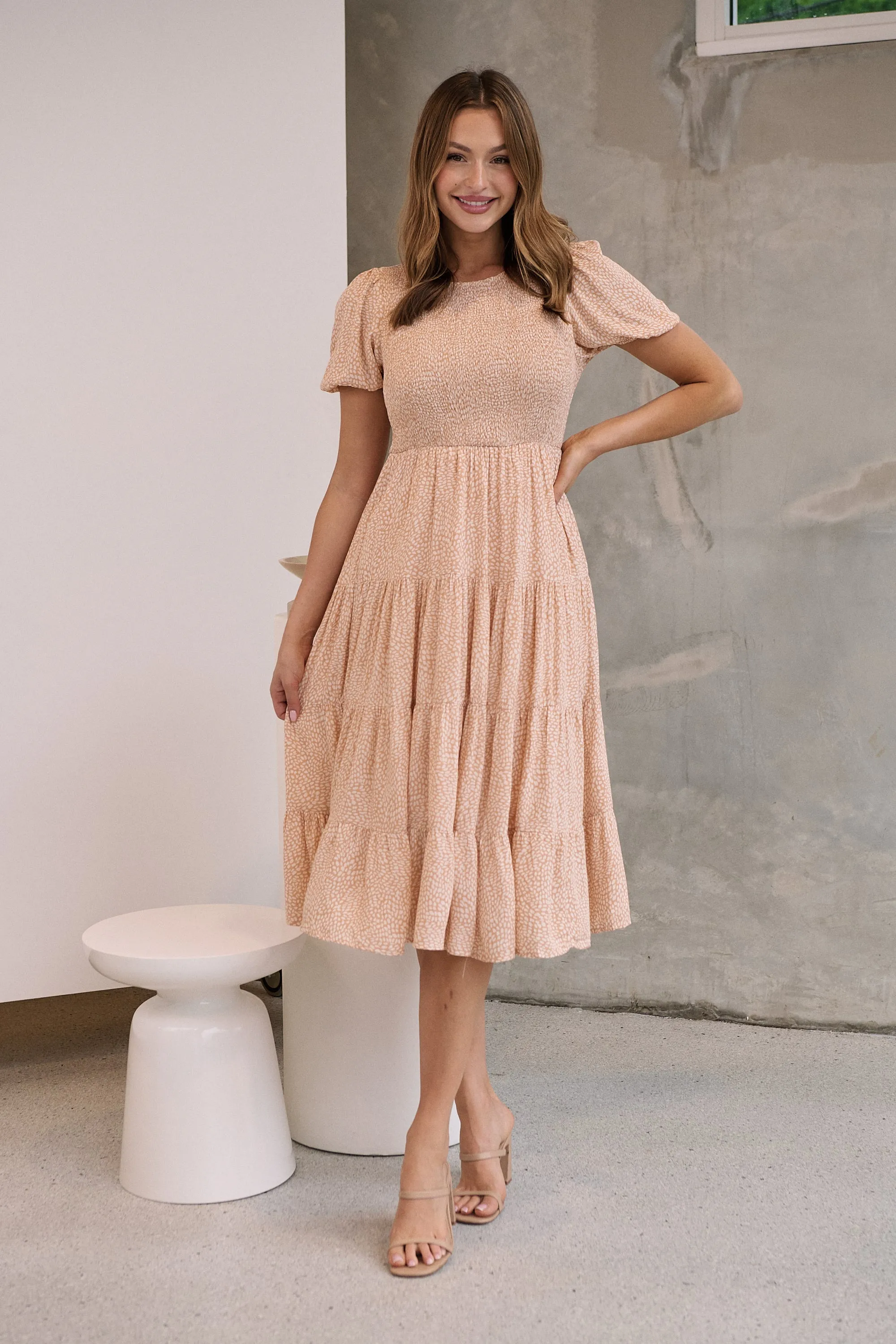 Caroline Peach Speckled Print Shirred Tiered Dress