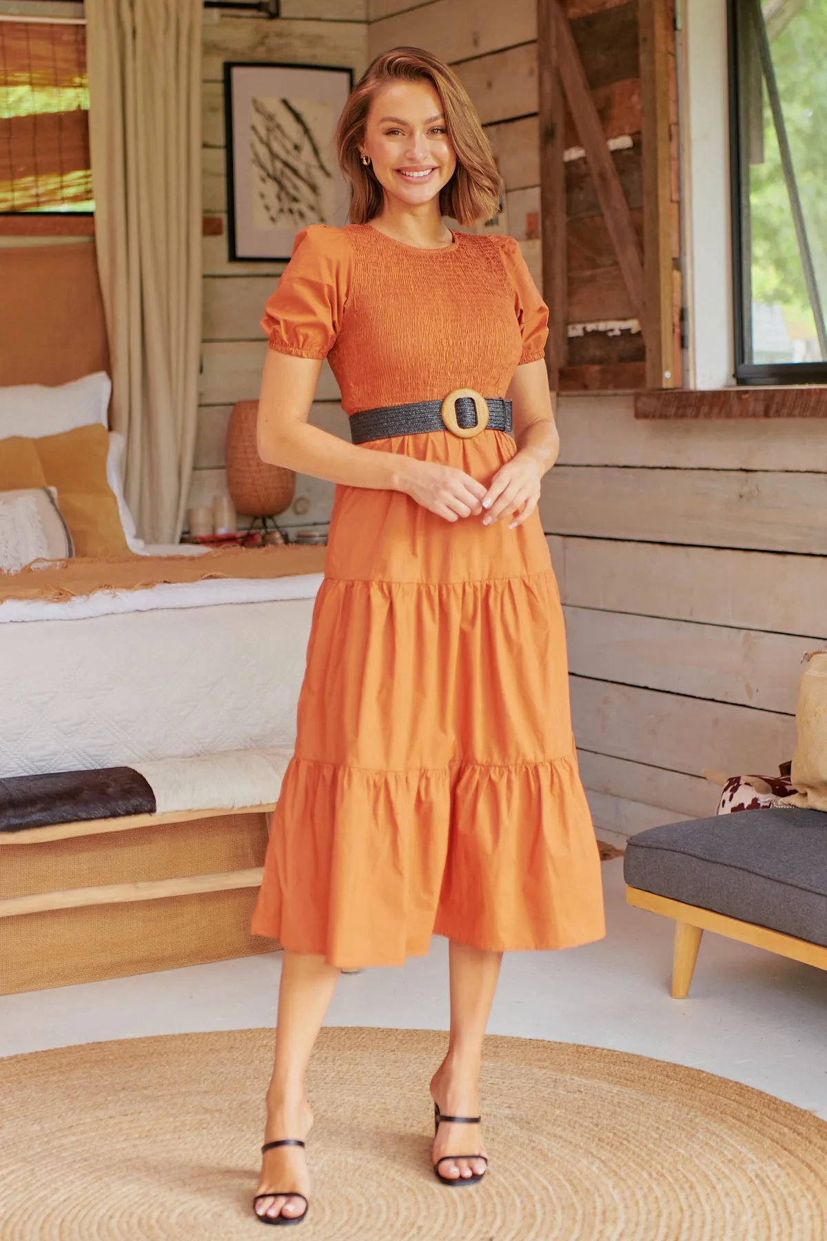 Edna Rust Shirred Bust Tiered Maxi Dress