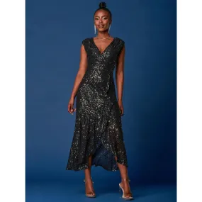 Jolie Moi Black Wrap Ruffle Hem Sequin Dress