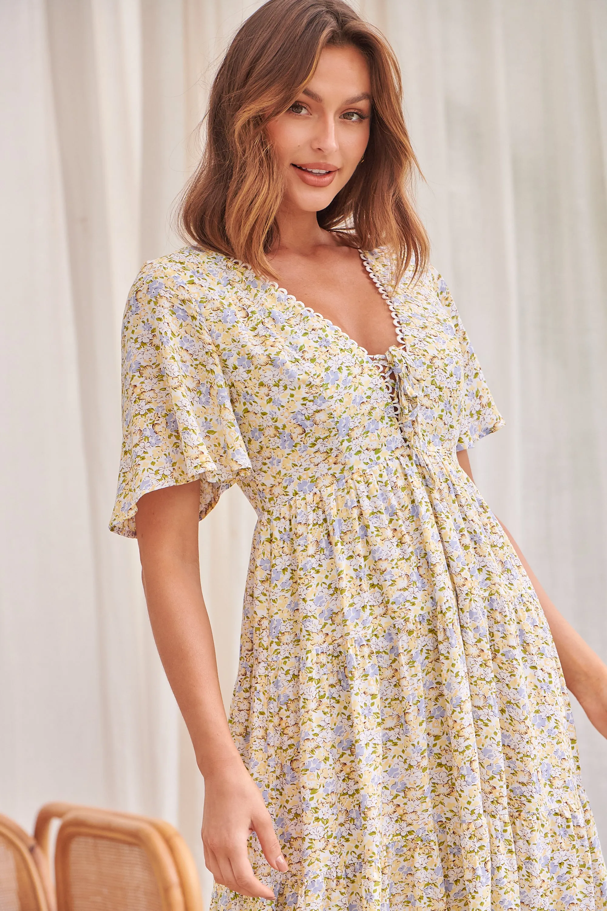 Sunny Floral Print Yellow Tie-Front Dress - Juliana Collection