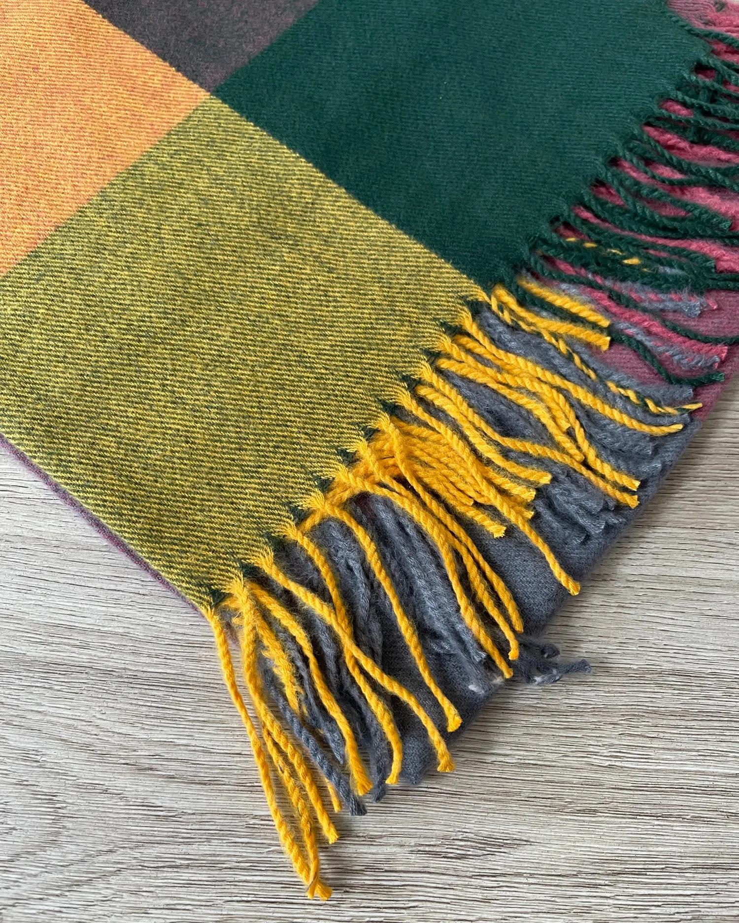 LONG YELLOW GREEN WOOL MIX CHECKED TARTAN SCARF